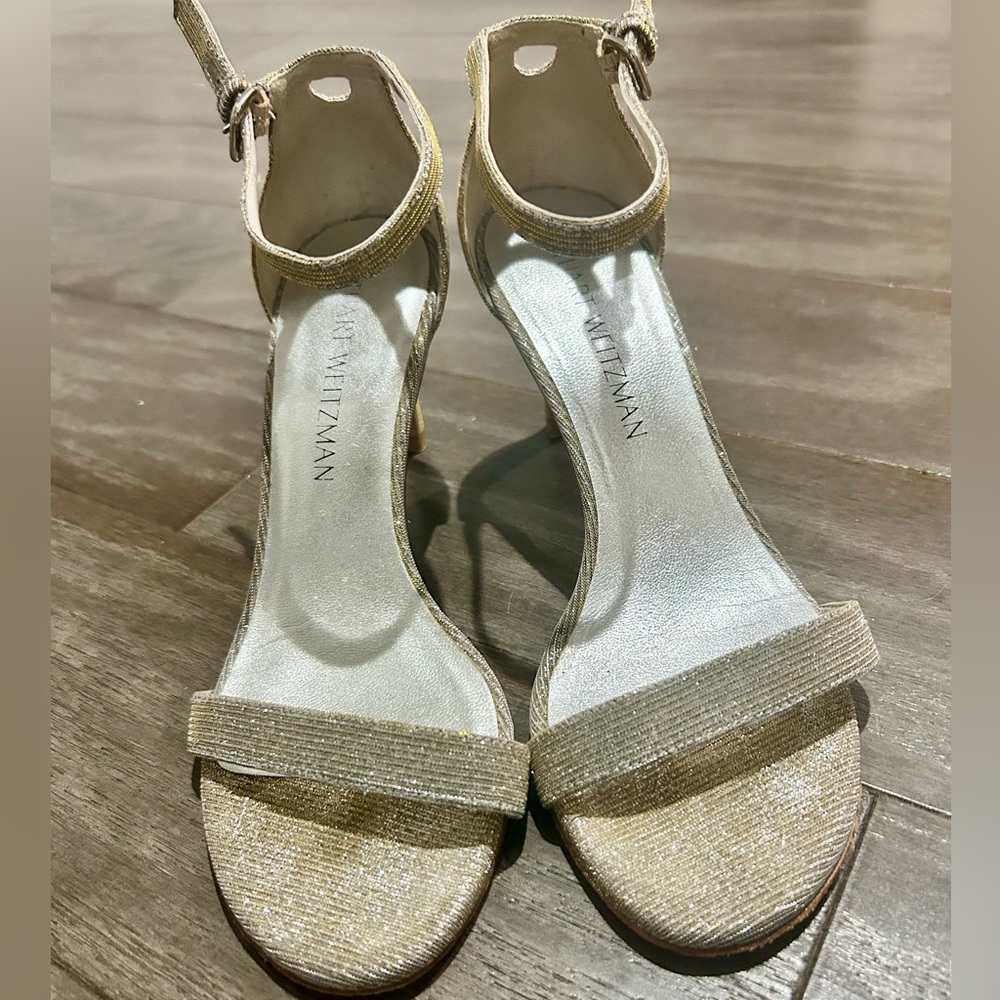 Stuart Weitzman Metallic Woven Ankle Strap Sandals